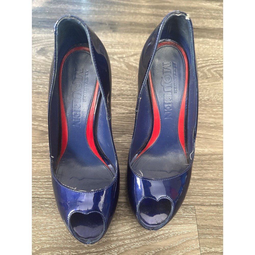 Alexander McQueen Navy Blue Patent Leather Heart Peep Toe Stiletto Pumps 35.5